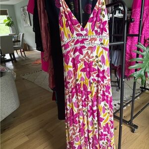 Hello Molly Pink and Yellow Plunge Sundress Maxi